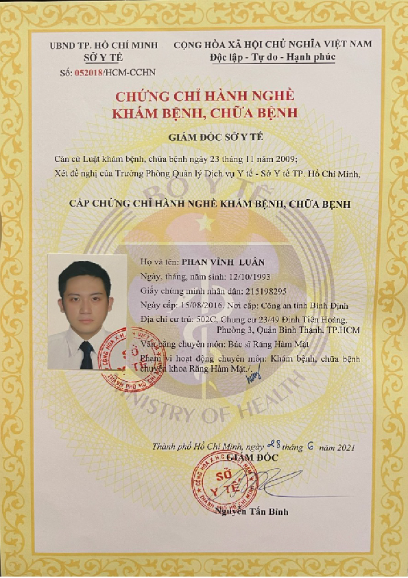 PHAN VINH LUAN, D.D.S chứng chỉ hành nghề bác sĩ Luân (5)